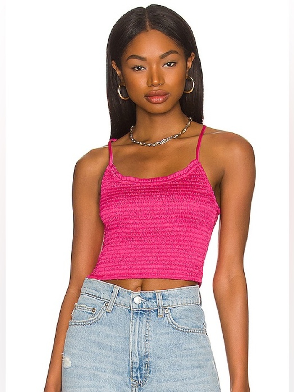 Intimately Free People Fuchsia Hot Pink Smocked Right On Cropped Cami Sz S Glam